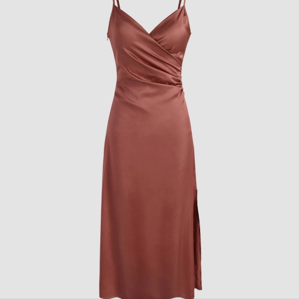 CIDER BROWN SOLID SATIN SLIT MIDI DRESS SIZE S